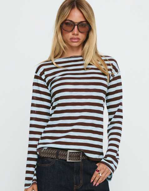 Princess Polly - Top a maniche lunghe ampie in maglia sottile blu e cioccolato - view 1