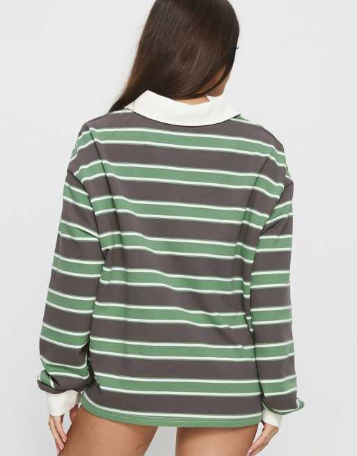 Princess Polly - Top a maniche lunghe stile rugby oversize verde a righe con colletto , 4 di 4