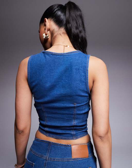 Princess Polly - Top in denim blu con allacciatura in coordinato, 4 di 4