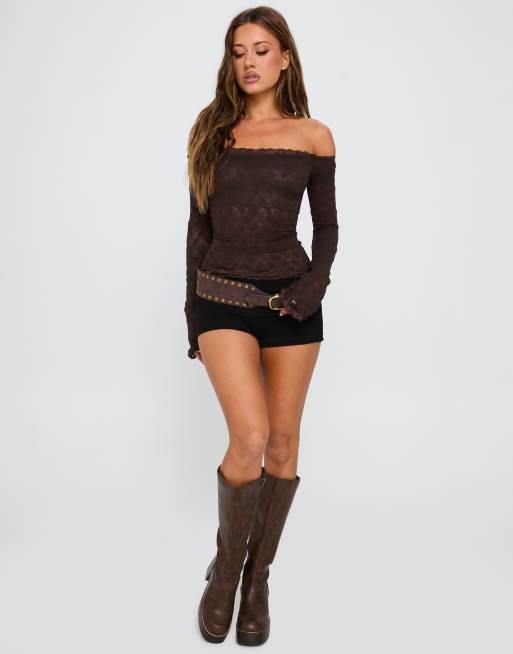Princess Polly top marrone con pizzo, spalle scoperte e maniche lunghe, 4 di 4