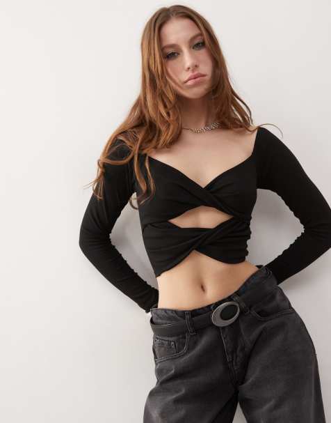 Princess Polly - Top sinuoso nero a doppio strato con scollo a cuore e cut-out intrecciato - view 1
