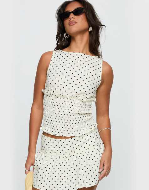 Princess Polly Tovie linen blend drop waist detail mini skirt in white polka dot - part of a set - view 1