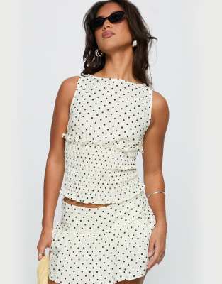 Tovie - Minirock aus Leinenmix in Weiß mit Polka Dots und tiefer Taille, Kombiteil Weiß 42