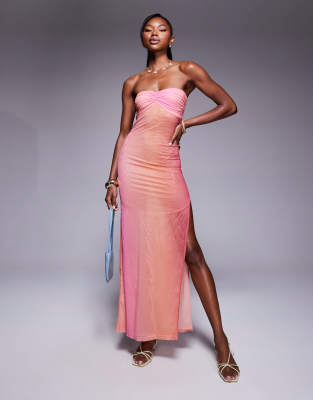 Princess Polly - Trägerloses, halbtransparentes Maxikleid aus Mesh in Rosa-Ombré mit Seitenschlitz