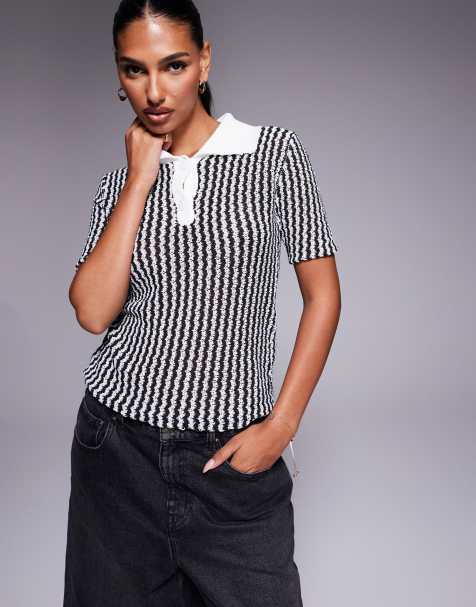 Princess Polly Tristar contrast collar knitted top in black and white stripe - view 1