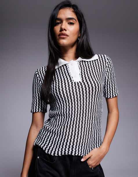 Princess Polly Tristar contrast collar knitted top in black and white stripe