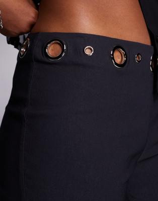 Princess Polly True Grit Eyelet Waist Detail Flared Pants In Black