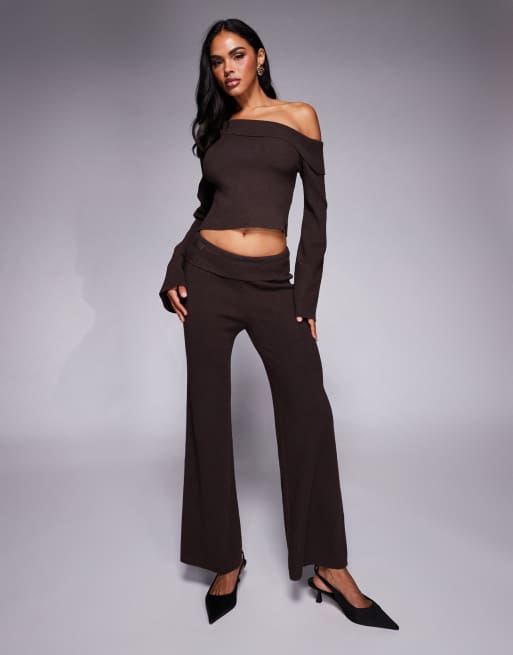 Princess Polly - Try Me - Ribgebreide broek met wijde pijpen en omslag in donkerbruin, deel van co-ord set