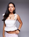 [Princess Polly] Princess Polly Trynia bow tie shoulder detail lace panel peplum top in white 10 WHITE