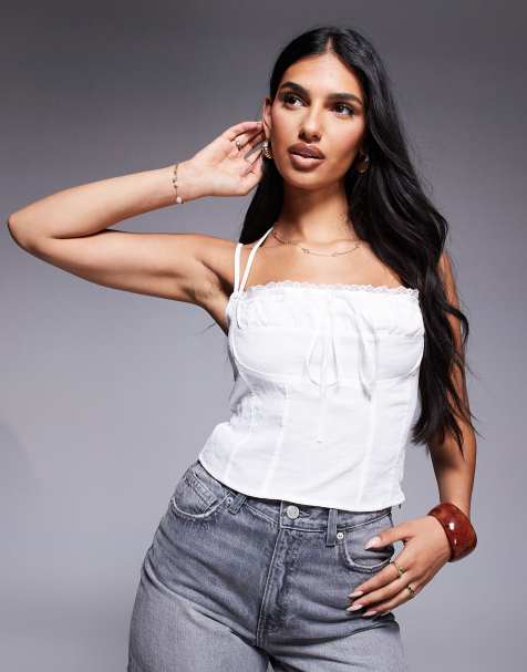 Princess Polly Trynia halterneck tie bust lace trim detail top in white - view 1