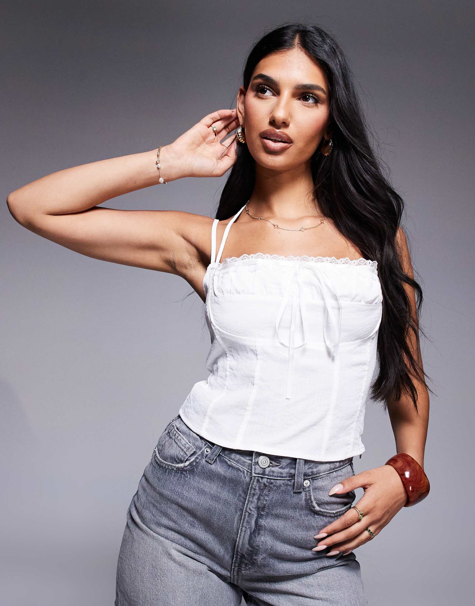 princess polly trynia halterneck tie bust lace trim detail top in white