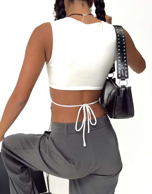 Princess Polly Uzo sleeveless open tie back top in white, 3 of 4