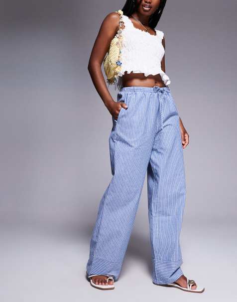 Princess Polly Veridian linen look drawstring waist wide leg trousers in blue stripe - view 1