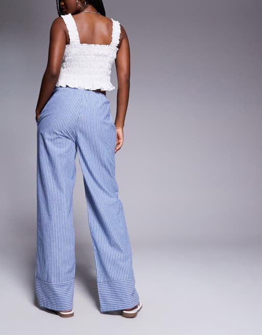 Princess Polly Veridian linen look drawstring waist wide leg trousers in blue stripe, 2 of 5