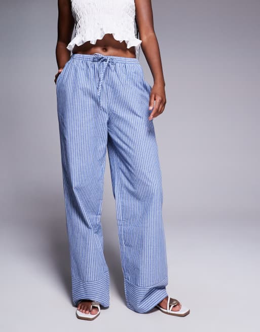 Princess Polly Veridian linen look drawstring waist wide leg trousers in blue stripe, 3 of 5