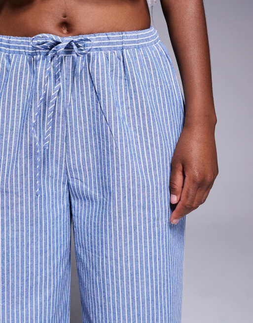 Princess Polly Veridian linen look drawstring waist wide leg trousers in blue stripe, 4 of 5