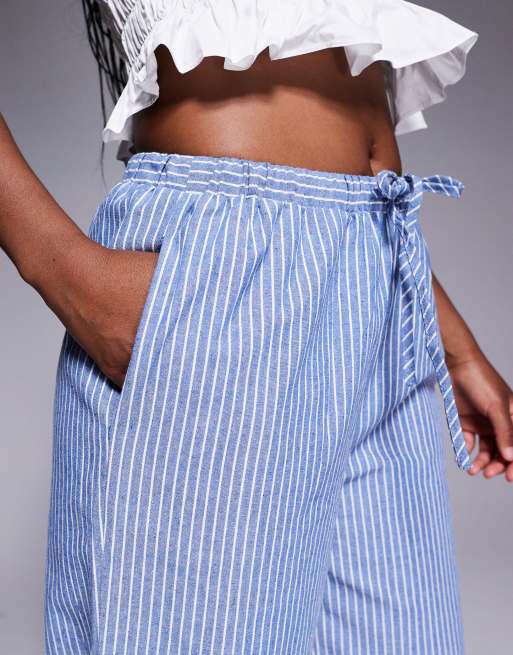 Princess Polly Veridian linen look drawstring waist wide leg trousers in blue stripe, 5 of 5