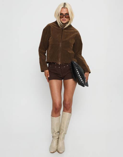 Princess Polly - Veste courte en imitation daim avec col cheminée et fermeture éclair - Marron , 2 de 4