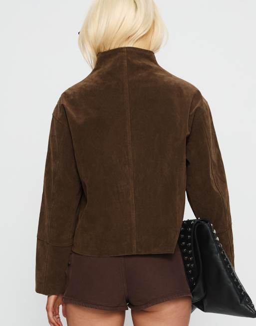 Princess Polly - Veste courte en imitation daim avec col cheminée et fermeture éclair - Marron , 4 de 4