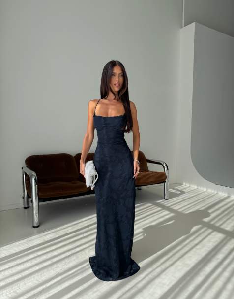 Princess Polly - Vestido maxi azul marino con estampado floral, detalle de corsé y espalda con lazada - view 1