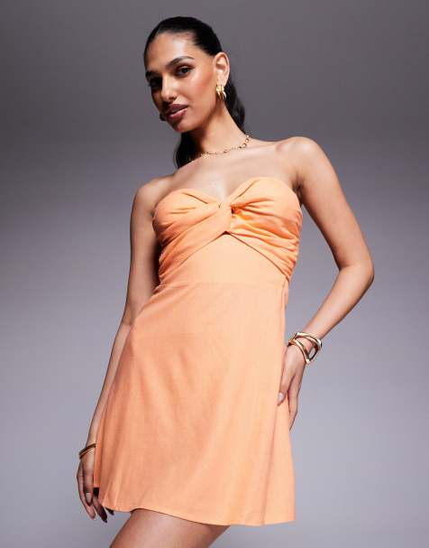 Princess Polly - Vestito corto arancione a fascia in misto lino con dettaglio attorcigliato sul davanti - view 1