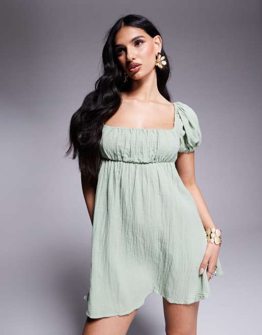 Princess Polly - Vestito corto vaporoso verde salvia con maniche a sbuffo, scollo squadrato e allacciatura sul retro