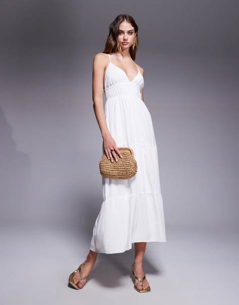 Princess Polly - Vestito lungo a balze bianco con incrocio a V sul retro - view 1