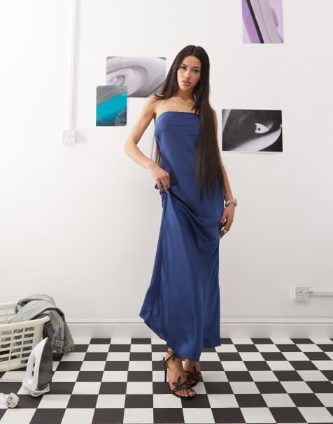 Princess Polly - Vestito lungo a fascia blu in raso con scollo ad anello e allacciatura sul retro - view 1
