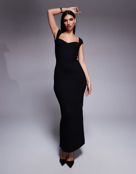 Princess Polly - Vestito lungo fasciante in maglia nero a coste con scollo a cuore e maniche a sbuffo - view 1