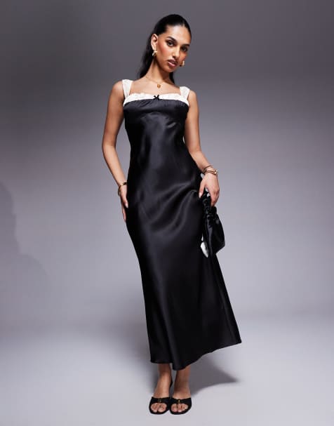 Princess Polly - Vestito lungo in raso nero con fiocco sul davanti e spalline a contrasto - view 1