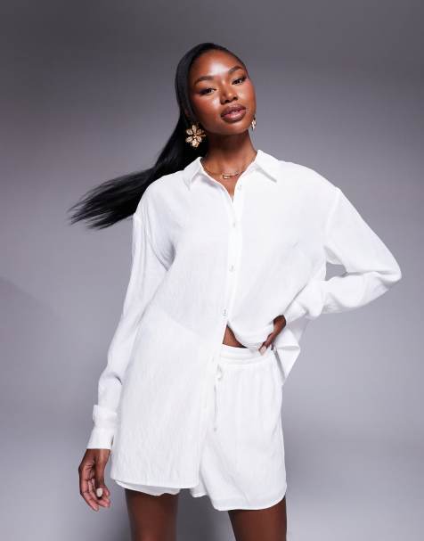 Princess Polly – Vitt set i linnestil med skjorta i oversize och shorts med dragsko - view 1