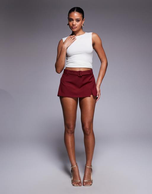 Princess Polly Volley belted side slit detail mini skort in burgundy