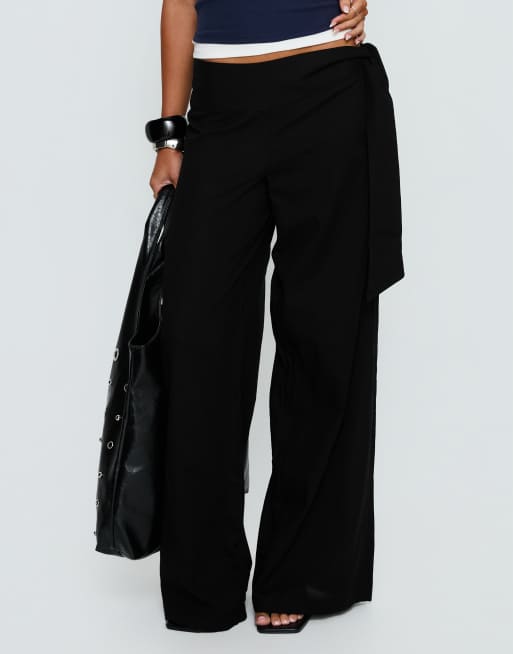 Princess Polly Wave Dancer cotton blend tie side wide leg trousers in black, 2 of 3