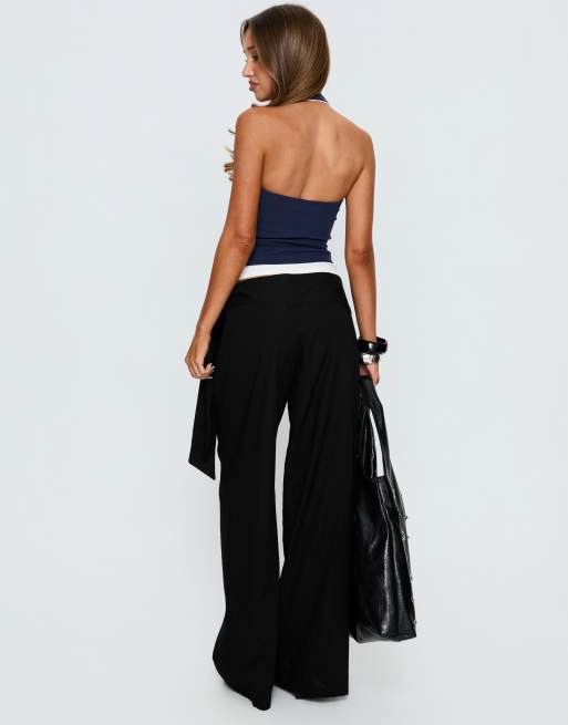 Princess Polly Wave Dancer cotton blend tie side wide leg trousers in black, 3 of 3