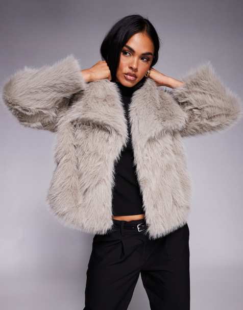 Princess Polly Wayland faux fur oversized collar detail wide sleeve coat in warm grey - view 1