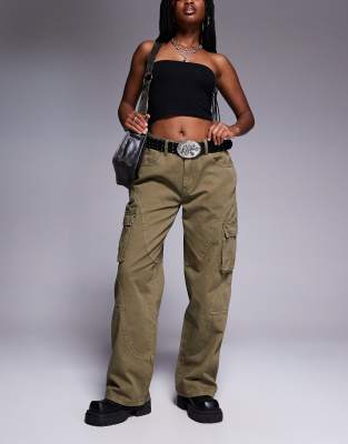Princess Polly - Weite Cargo-Jeans in Khaki mit Nahtdetails-Grün
