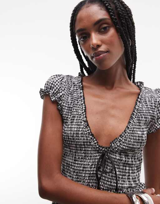 Princess Polly Wescott cotton rich shirred tie front romper in black & white gingham, 3 of 7