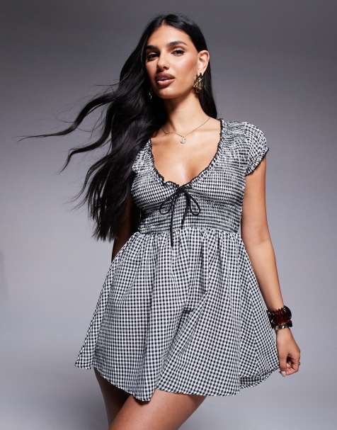 Princess Polly Wescott shirred detail tie front playsuit in black & white gingham - view 1