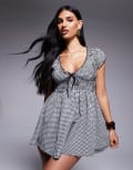 [Princess Polly] Princess Polly Wescott shirred detail tie front playsuit in black & white gingham-Multi 6 BLACK&WHITE GINGHAM