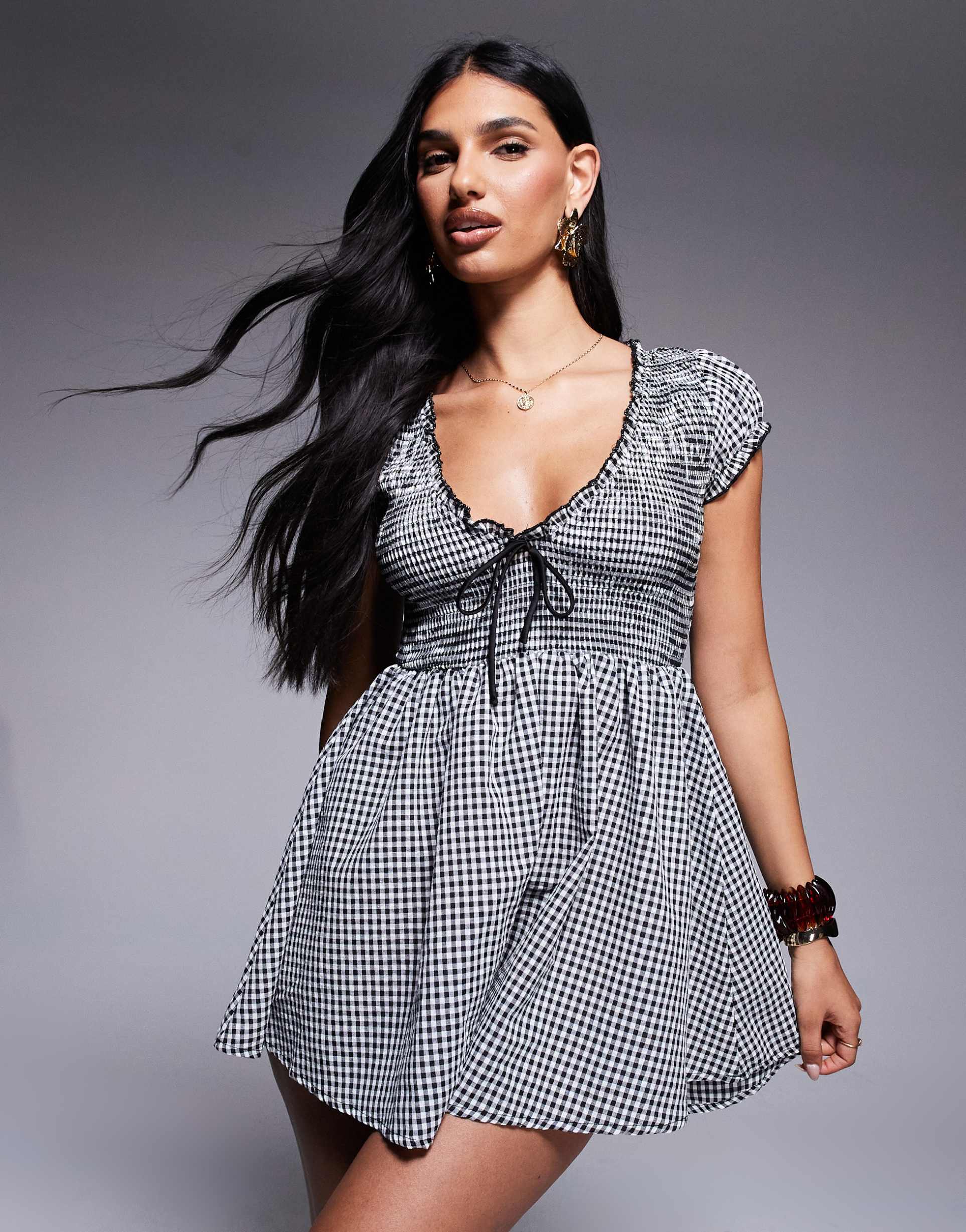 princess polly wescott shirred detail tie front romper in black & white gingham