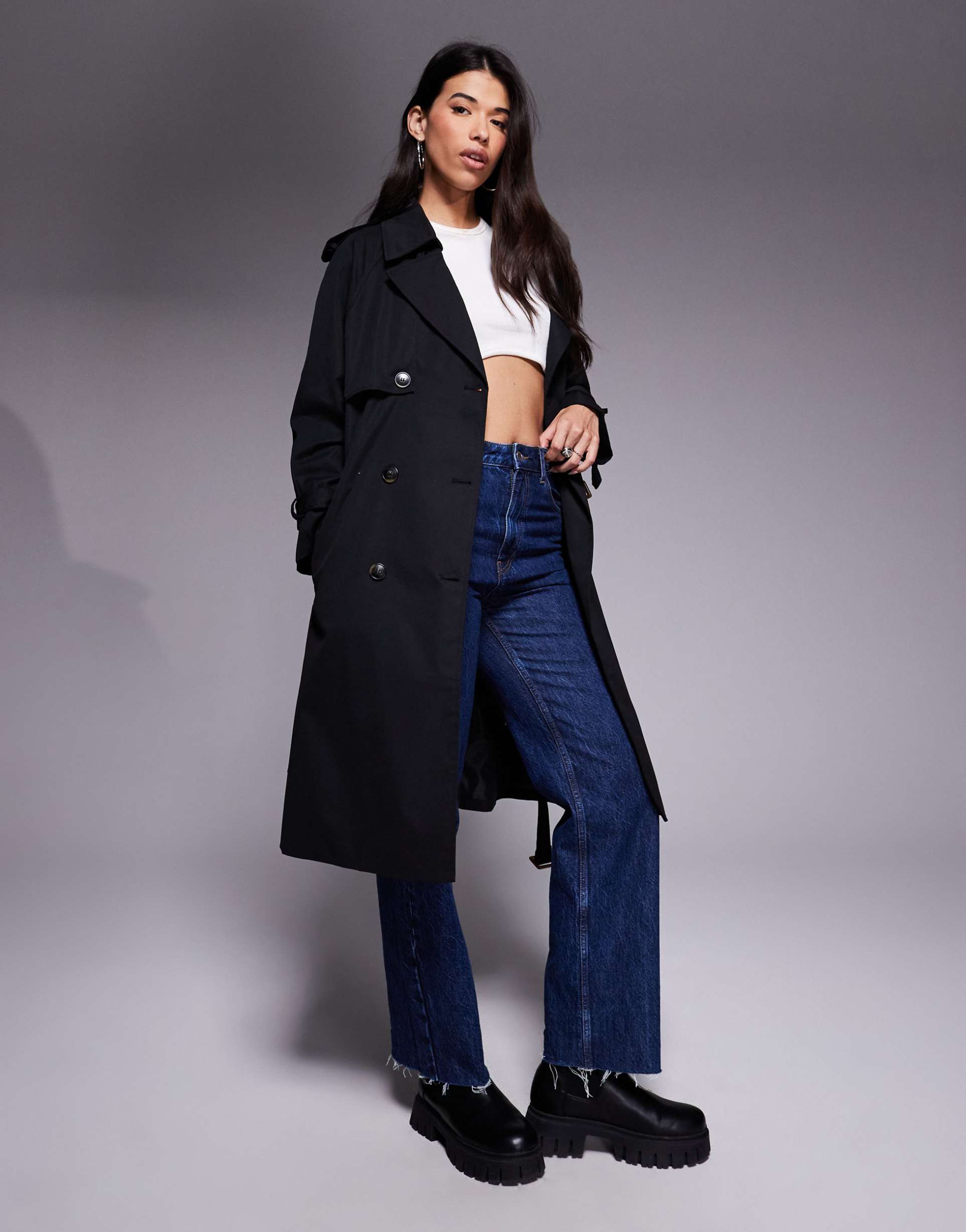 princess polly westwind double breasted belted midi trench coat in black