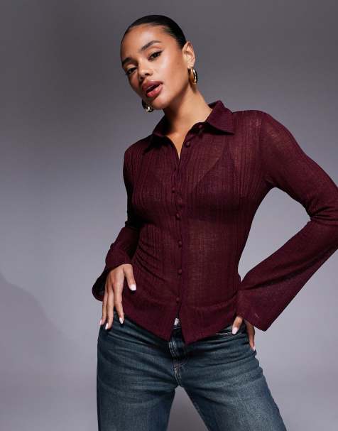 Princess Polly - When You Sleep - Camicia in maglia semitrasparente bordeaux con maniche svasate - view 1