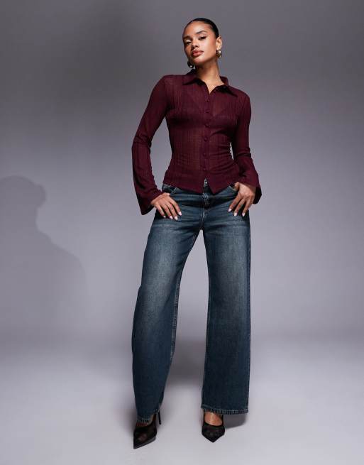 Princess Polly - When You Sleep - Camicia in maglia semitrasparente bordeaux con maniche svasate, 2 di 4