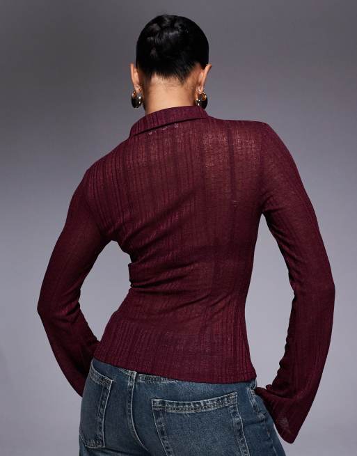Princess Polly - When You Sleep - Camicia in maglia semitrasparente bordeaux con maniche svasate, 3 di 4