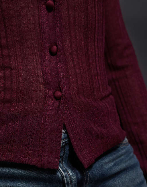 Princess Polly - When You Sleep - Camicia in maglia semitrasparente bordeaux con maniche svasate, 4 di 4