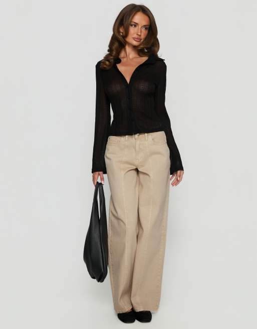 Princess Polly When You Sleep semi sheer button through flare sleeve fitted shirt in black, 2 of 4