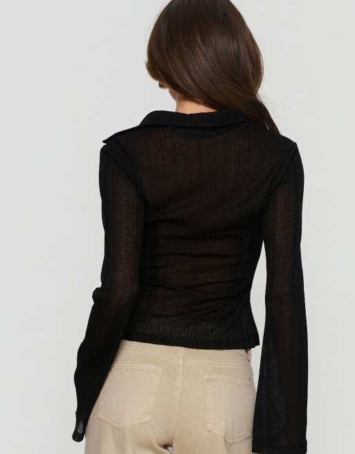 Princess Polly When You Sleep semi sheer button through flare sleeve fitted shirt in black, 4 of 4