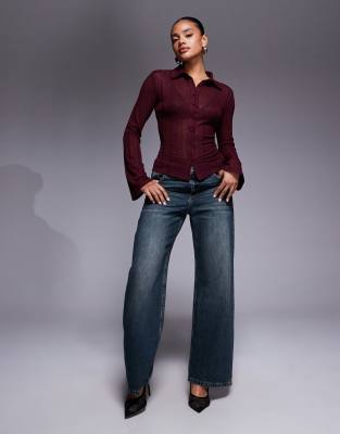 Princess Polly When You Sleep Semi Sheer Knit Flare Sleeve Shirt In Burgundy