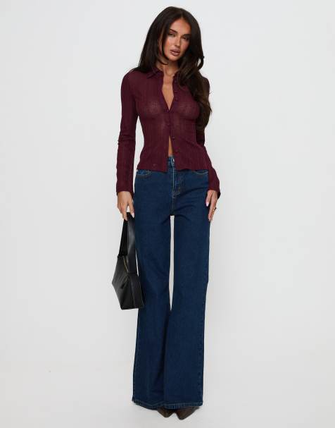 Princess Polly When You Sleep semi sheer knit long sleeve jersey button through fitted shirt in burgundy - view 1