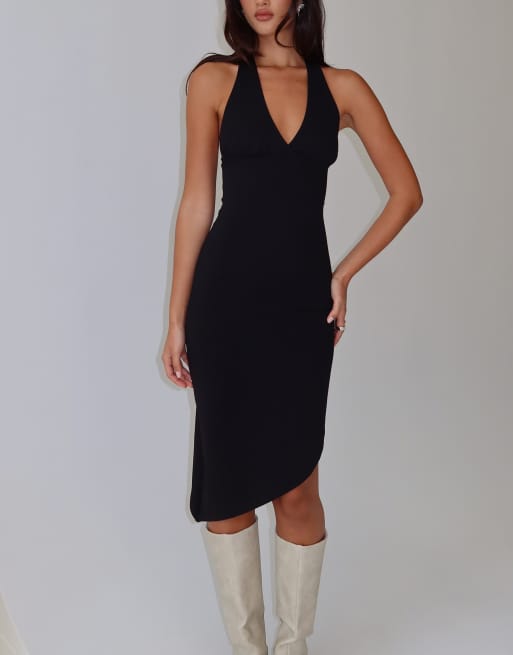 Princess Polly Whimsy halterneck asymmetrical hem midi dress in black, 3 of 4